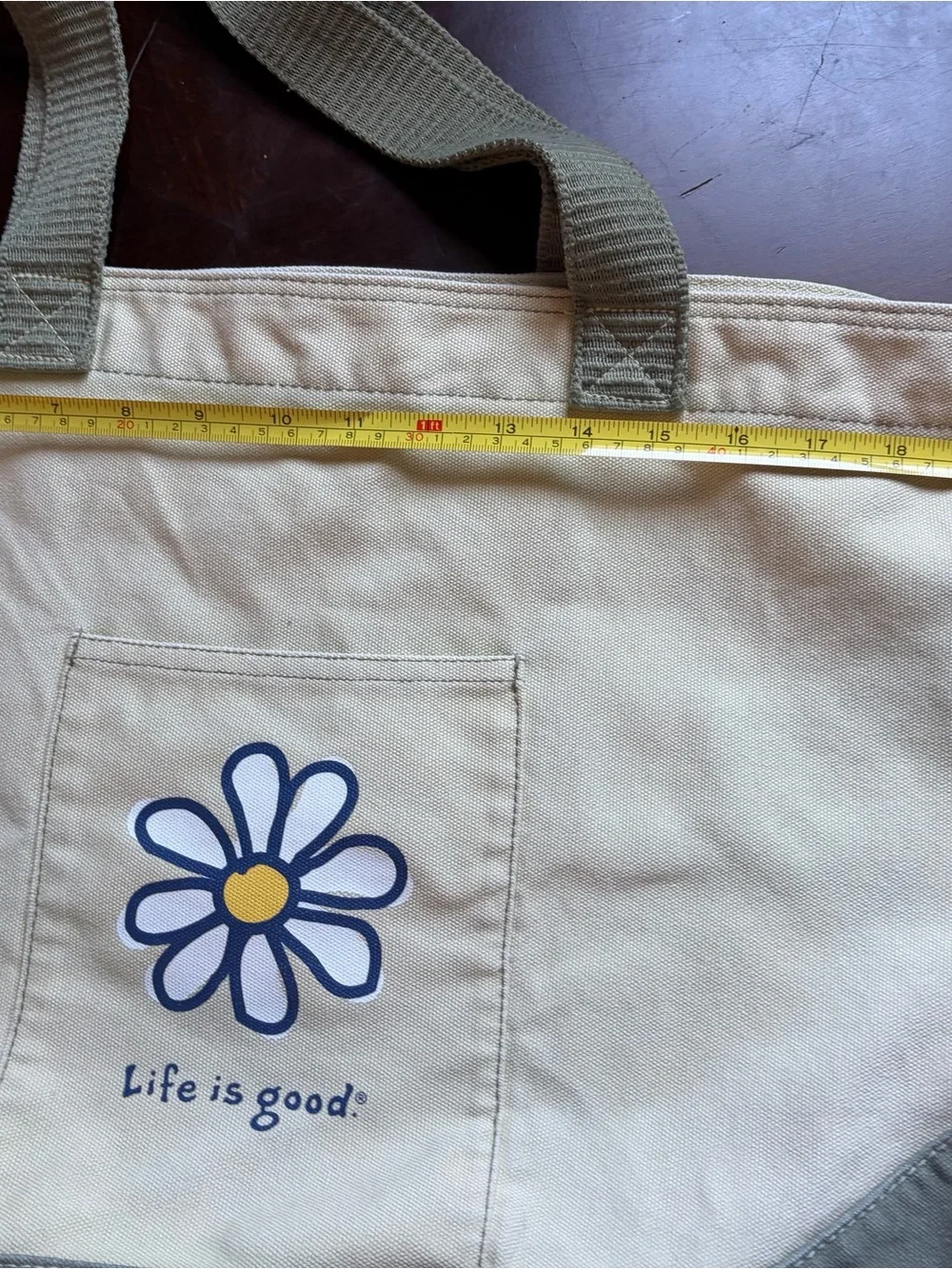 Life Is Good Canvas Daisy Tote - 20x17 Cream and Olive Green